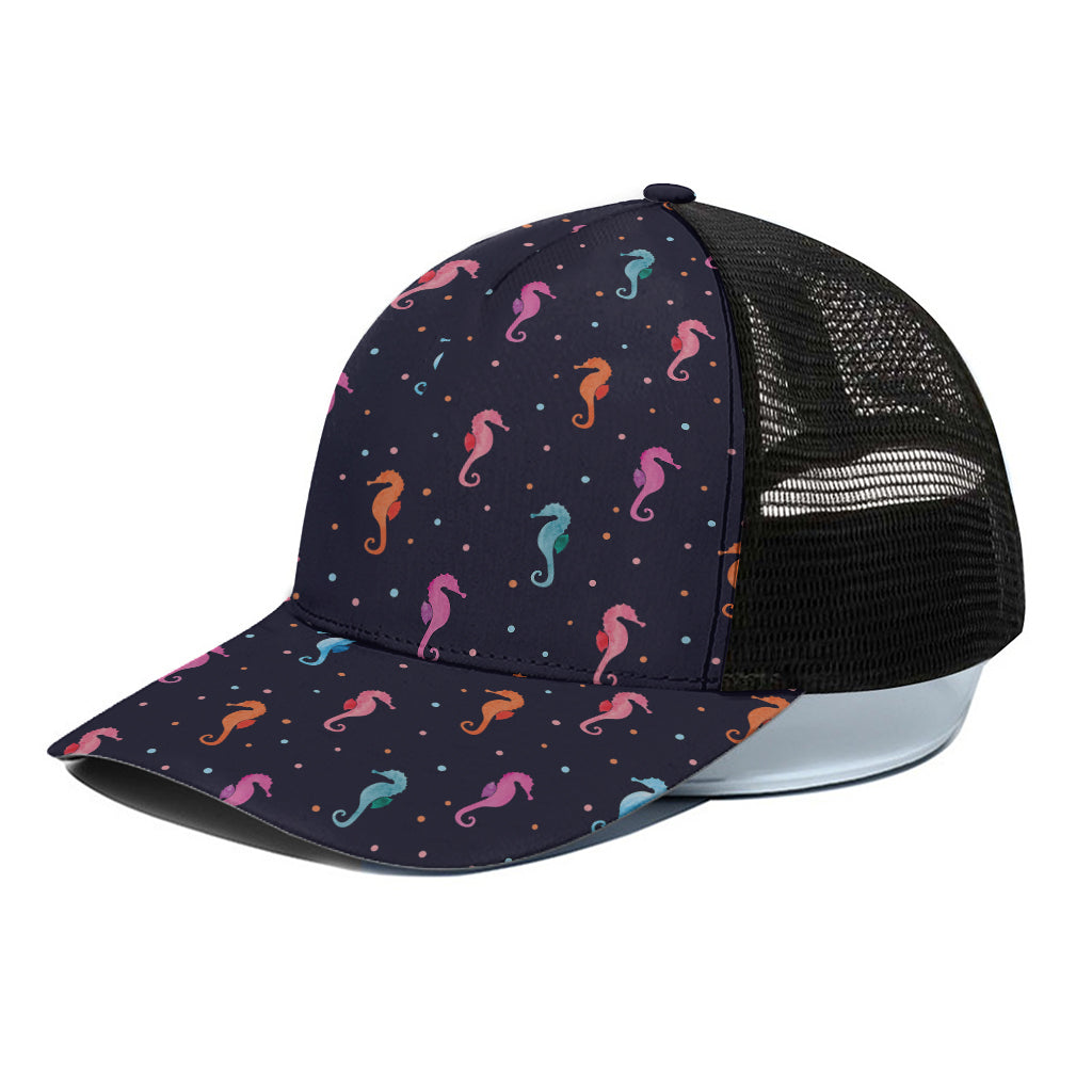 Colorful Seahorse Pattern Print Black Mesh Trucker Cap
