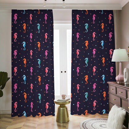 Colorful Seahorse Pattern Print Blackout Pencil Pleat Curtains
