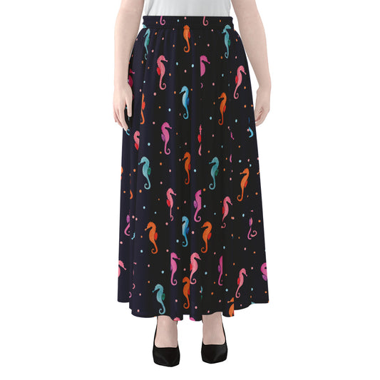 Colorful Seahorse Pattern Print Chiffon Maxi Skirt