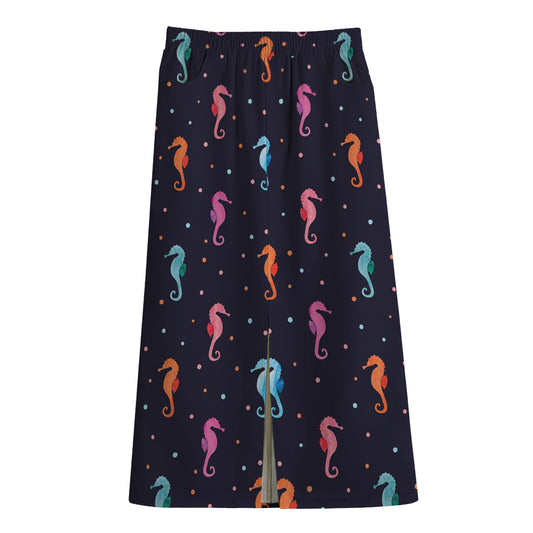 Colorful Seahorse Pattern Print Cotton Front Slit Maxi Skirt
