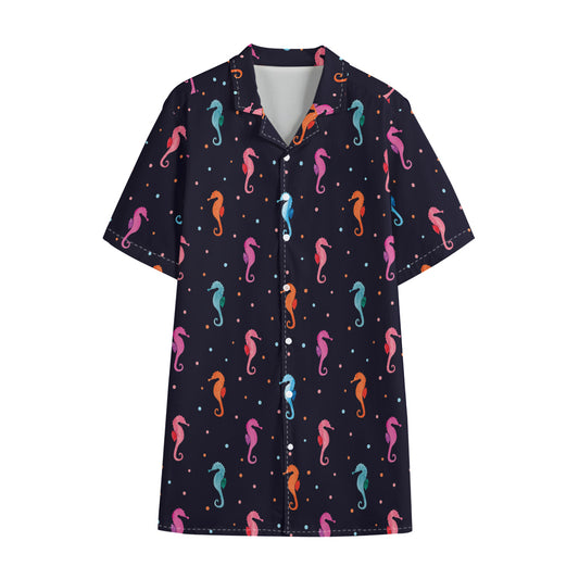 Colorful Seahorse Pattern Print Cotton Hawaiian Shirt
