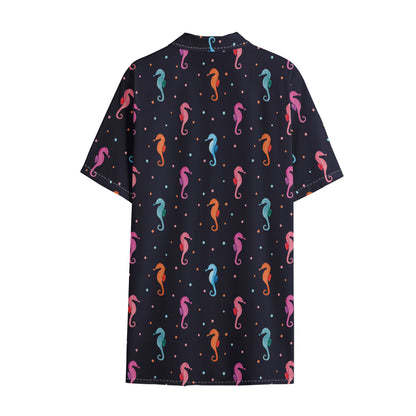 Colorful Seahorse Pattern Print Cotton Hawaiian Shirt
