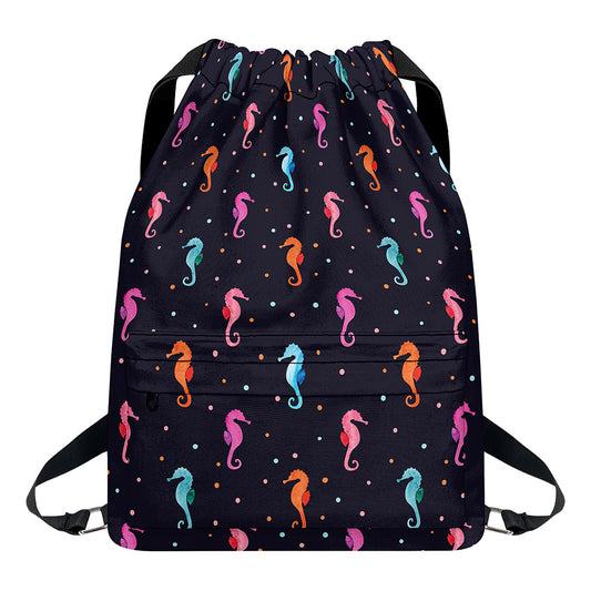 Colorful Seahorse Pattern Print Drawstring Backpack