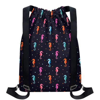 Colorful Seahorse Pattern Print Drawstring Backpack