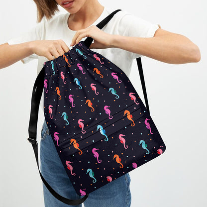 Colorful Seahorse Pattern Print Drawstring Backpack