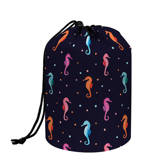 Colorful Seahorse Pattern Print Drawstring Makeup Bag
