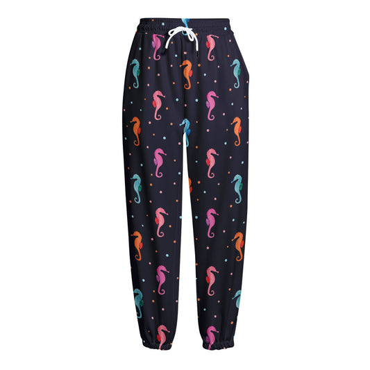Colorful Seahorse Pattern Print Fleece Lined Knit Pants