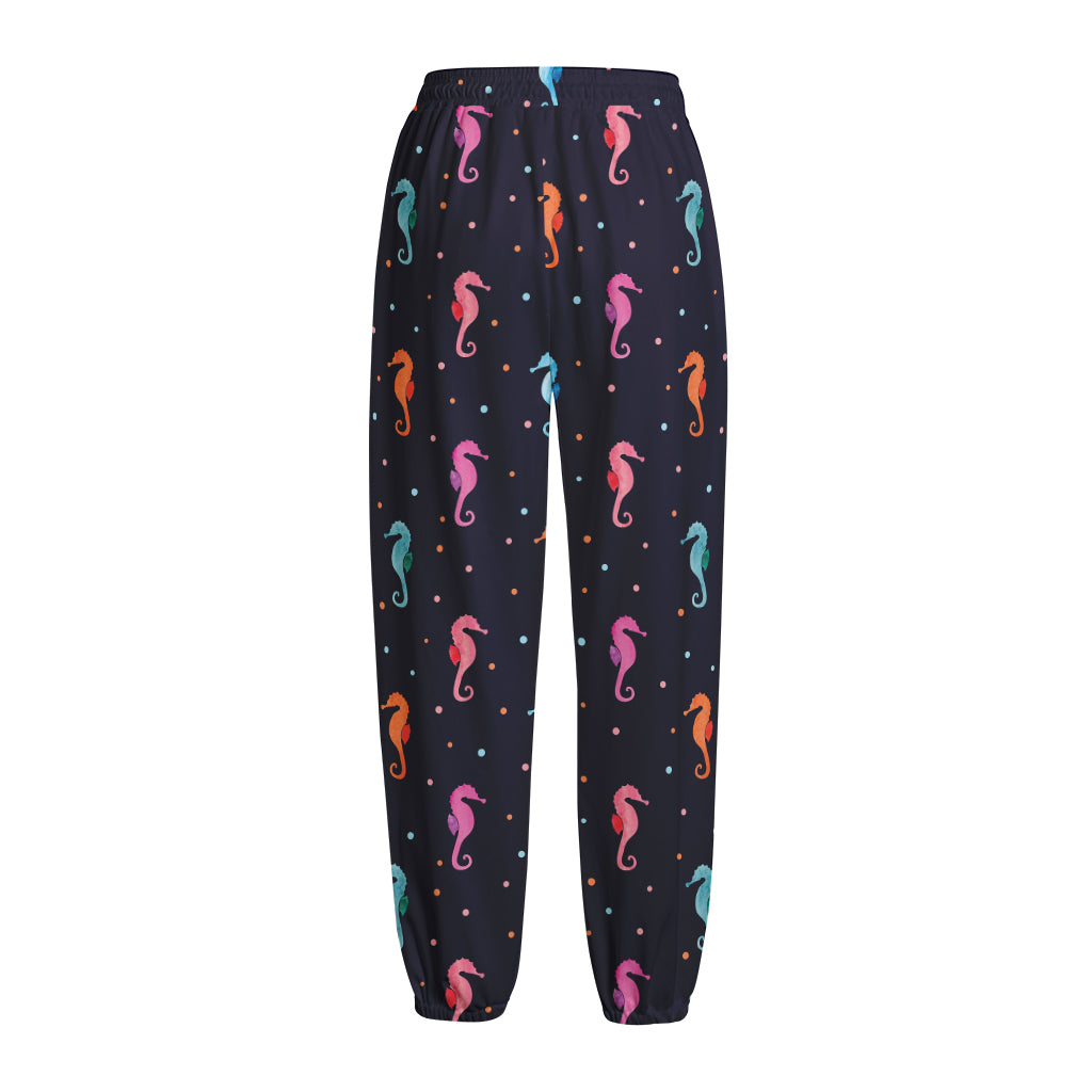 Colorful Seahorse Pattern Print Fleece Lined Knit Pants
