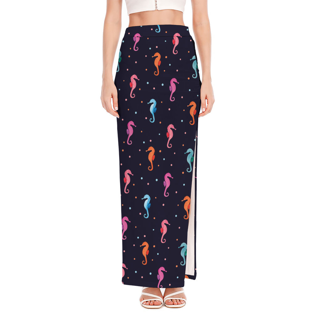 Colorful Seahorse Pattern Print High Slit Maxi Skirt
