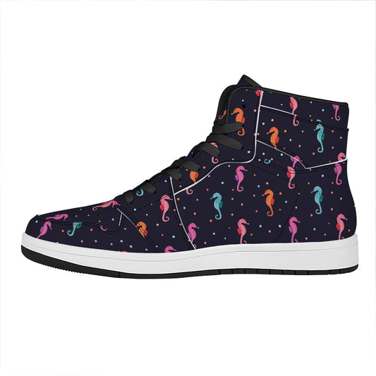 Colorful Seahorse Pattern Print High Top Leather Sneakers
