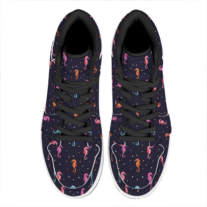 Colorful Seahorse Pattern Print High Top Leather Sneakers