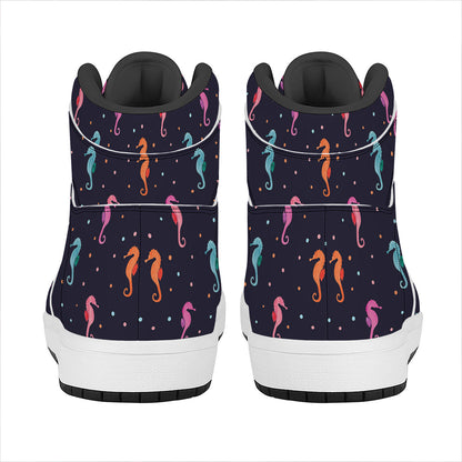 Colorful Seahorse Pattern Print High Top Leather Sneakers