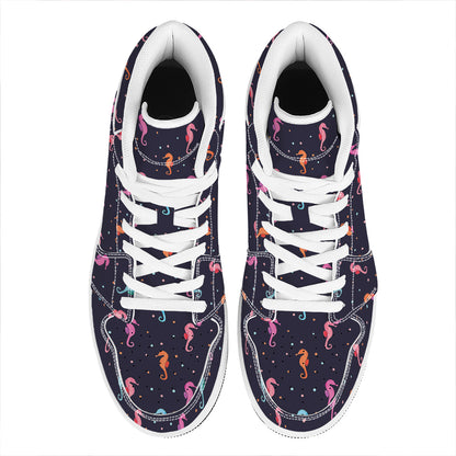 Colorful Seahorse Pattern Print High Top Leather Sneakers