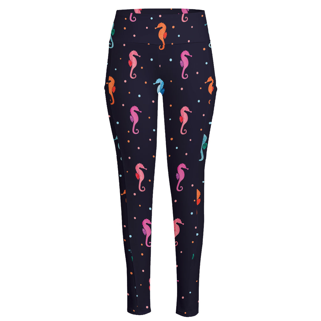 Colorful Seahorse Pattern Print High-Waisted Pocket Leggings