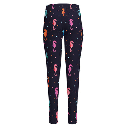 Colorful Seahorse Pattern Print High-Waisted Pocket Leggings