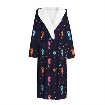 Colorful Seahorse Pattern Print Hooded Bathrobe
