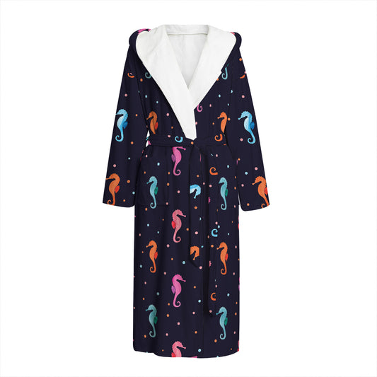 Colorful Seahorse Pattern Print Hooded Bathrobe