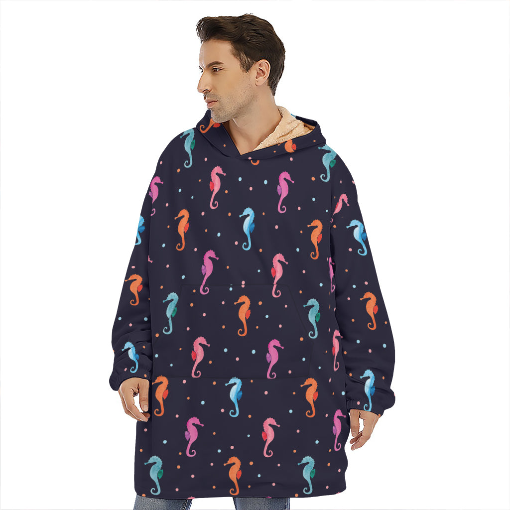 Colorful Seahorse Pattern Print Hoodie Blanket