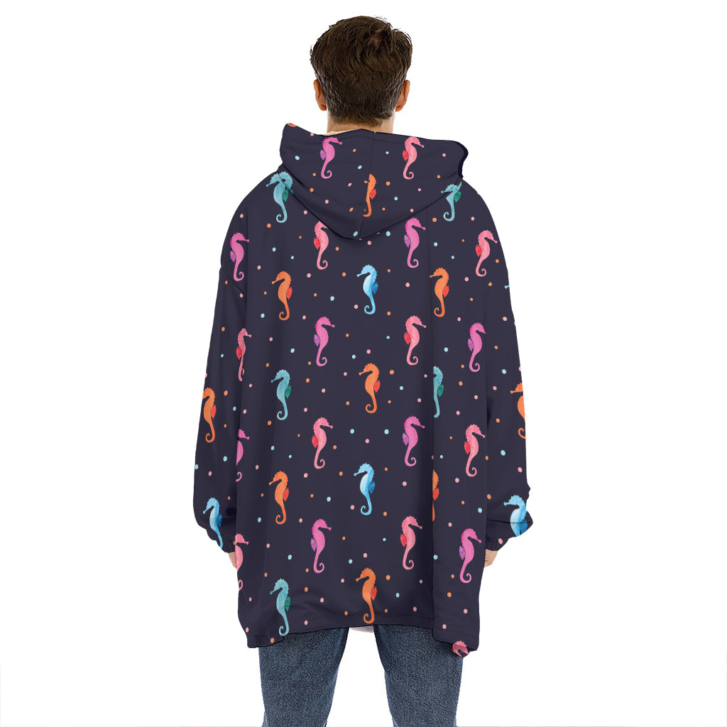 Colorful Seahorse Pattern Print Hoodie Blanket