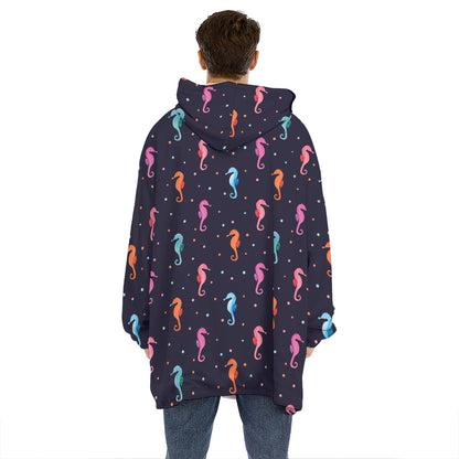 Colorful Seahorse Pattern Print Hoodie Blanket