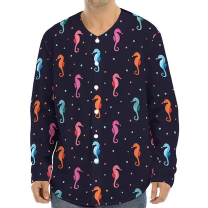 Colorful Seahorse Pattern Print Long Sleeve Baseball Jersey