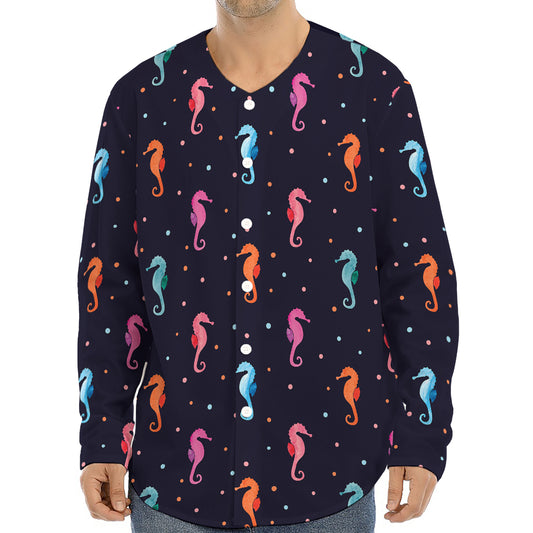 Colorful Seahorse Pattern Print Long Sleeve Baseball Jersey