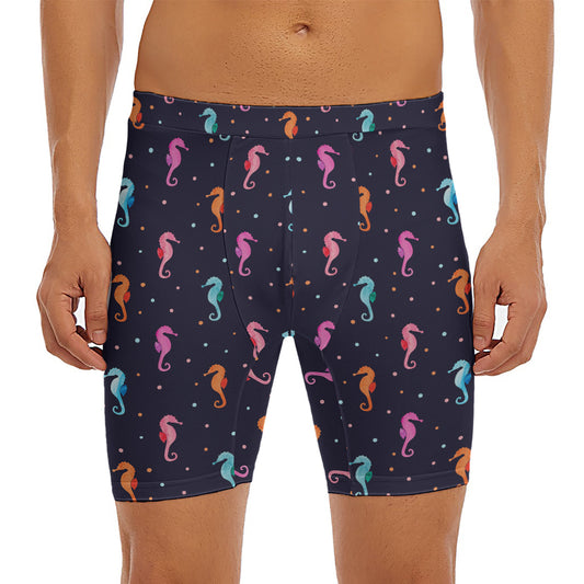 Colorful Seahorse Pattern Print Men's Long Boxer Briefs