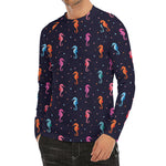 Colorful Seahorse Pattern Print Men's Long Sleeve Rash Guard