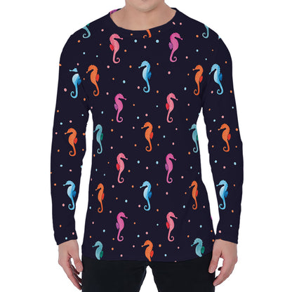 Colorful Seahorse Pattern Print Men's Long Sleeve T-Shirt