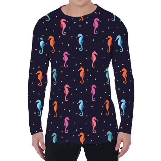 Colorful Seahorse Pattern Print Men's Long Sleeve T-Shirt