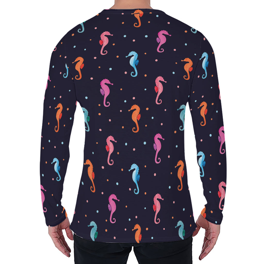 Colorful Seahorse Pattern Print Men's Long Sleeve T-Shirt