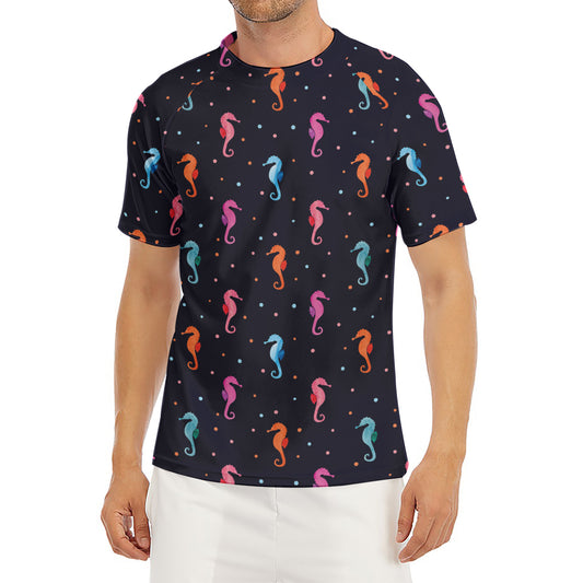 Colorful Seahorse Pattern Print Men's Short Sleeve Rash Guard