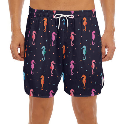 Colorful Seahorse Pattern Print Men's Split Running Shorts