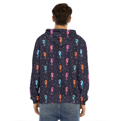 Colorful Seahorse Pattern Print Men's Velvet Pullover Hoodie