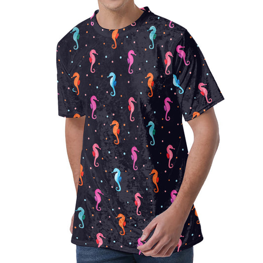 Colorful Seahorse Pattern Print Men's Velvet T-Shirt