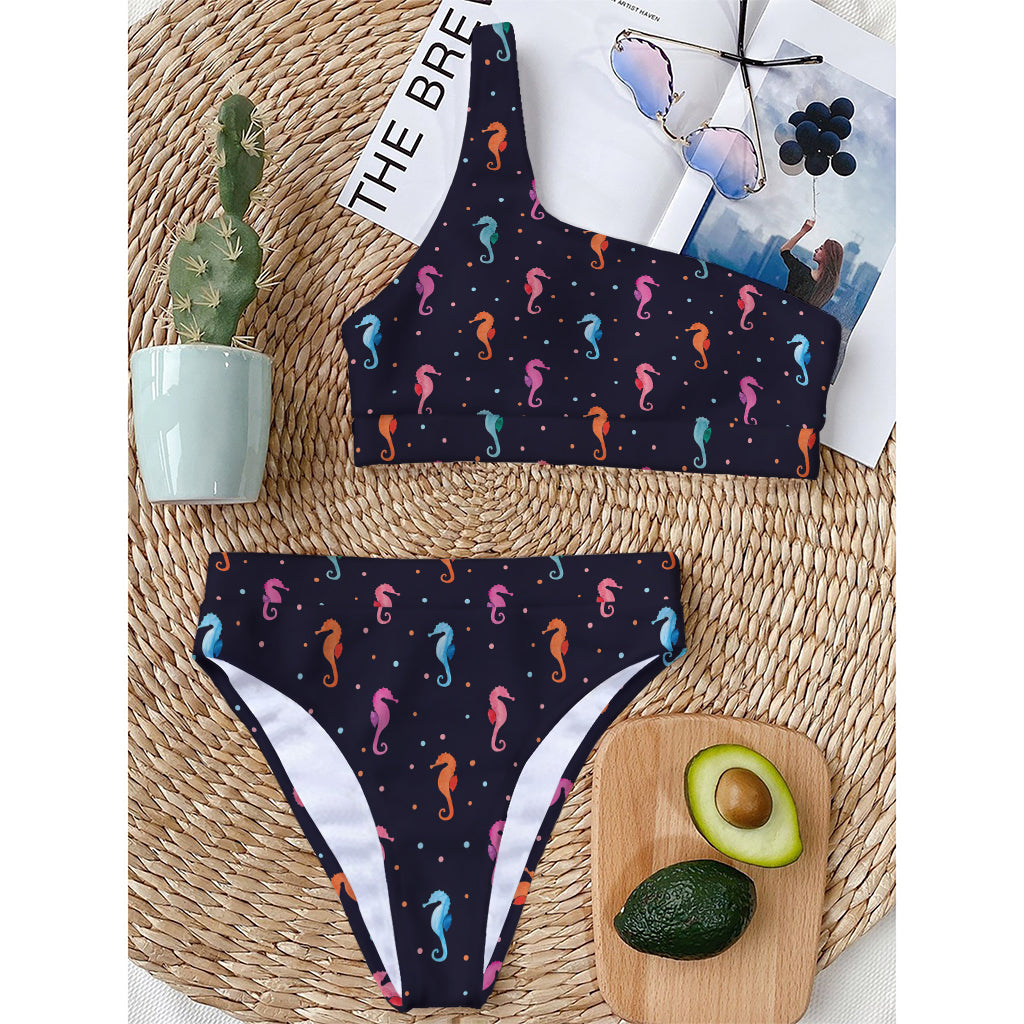 Colorful Seahorse Pattern Print One Shoulder Bikini Top