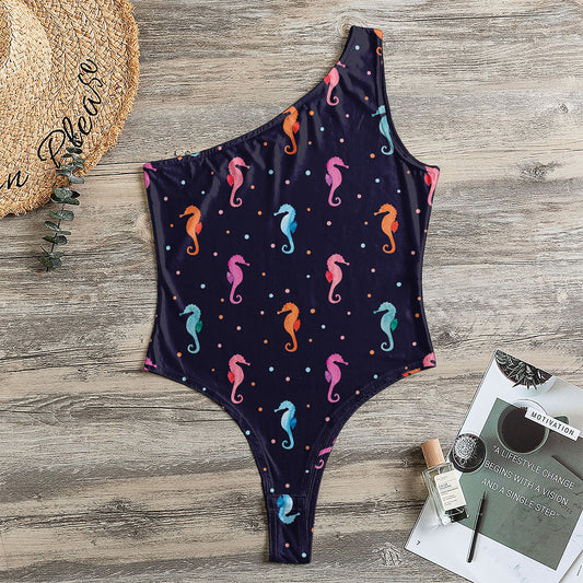 Colorful Seahorse Pattern Print One Shoulder Bodysuit