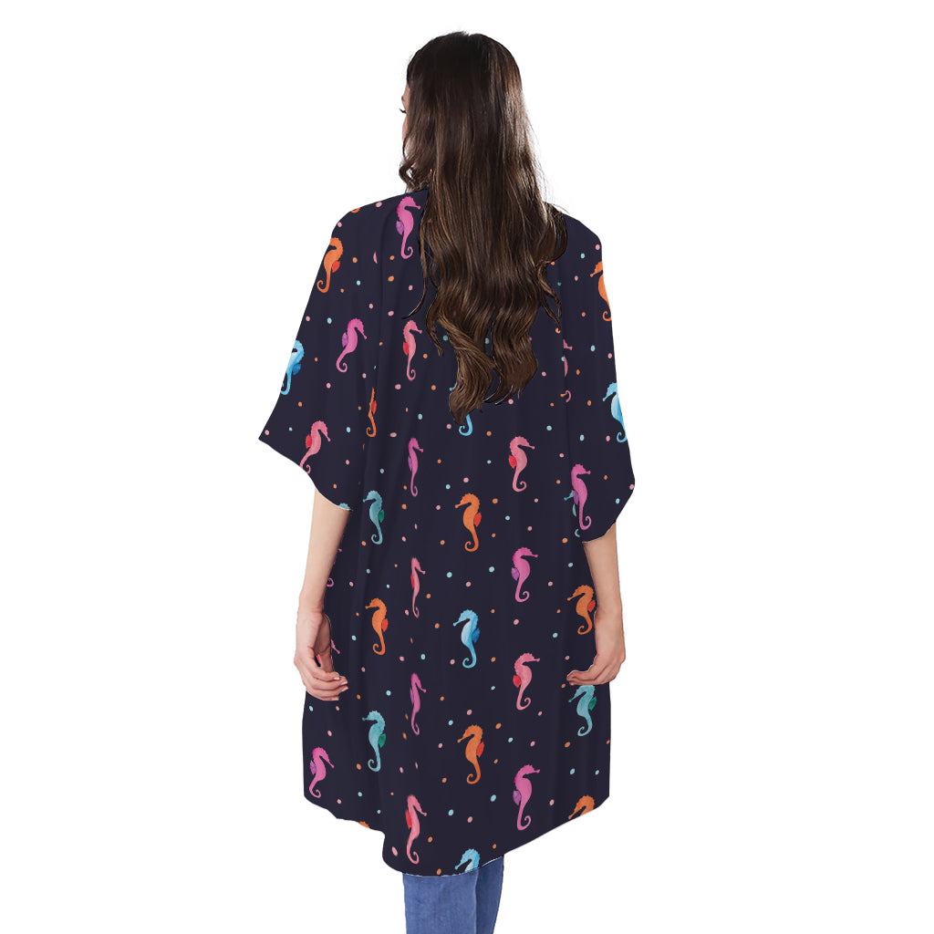 Colorful Seahorse Pattern Print Open Front Beach Cover Up