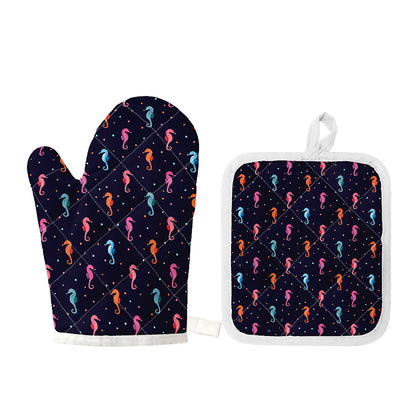 Colorful Seahorse Pattern Print Oven Mitt And Pot Holder Set