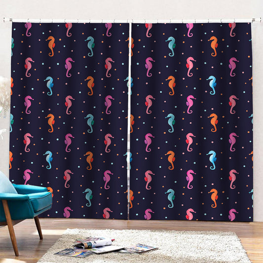 Colorful Seahorse Pattern Print Pencil Pleat Curtains