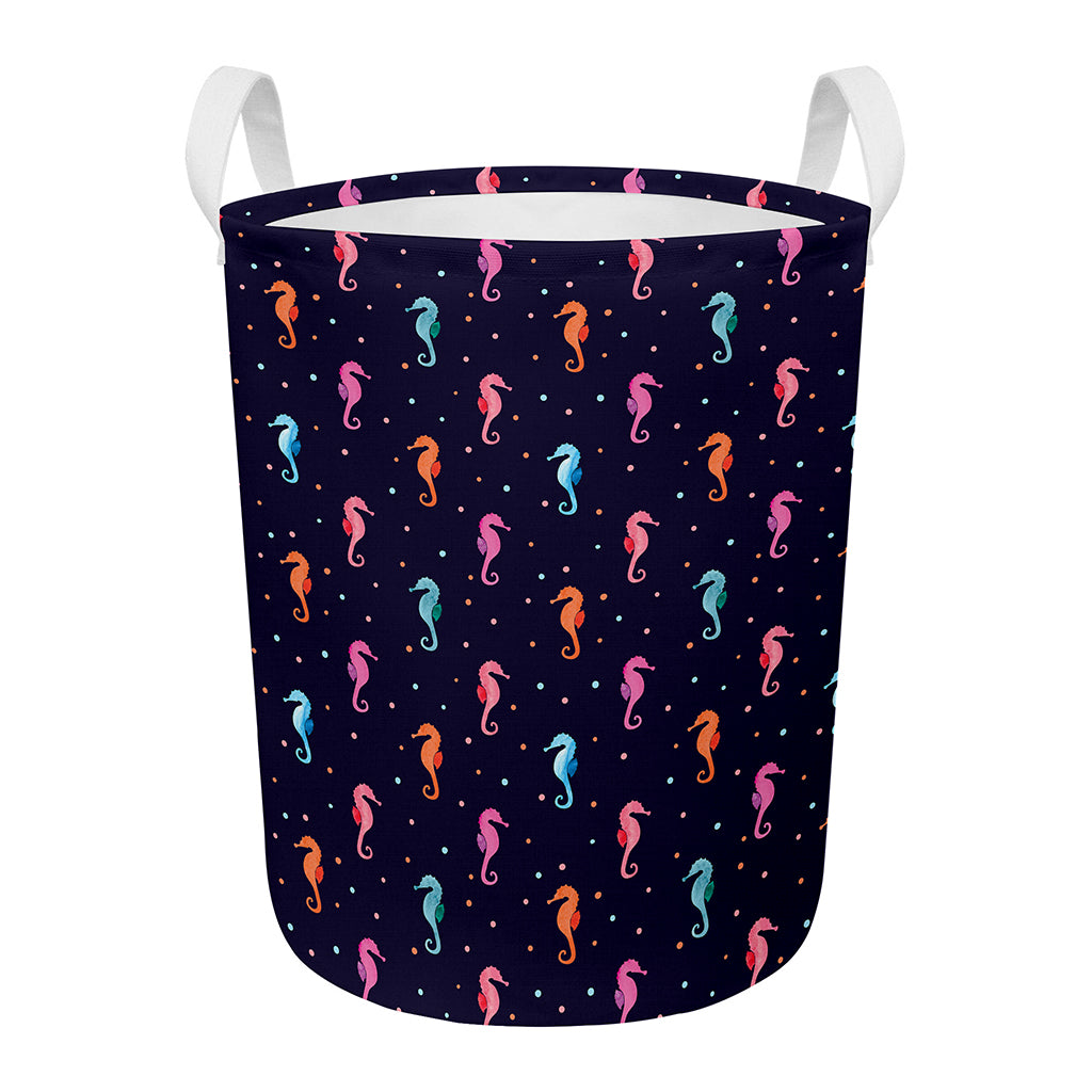 Colorful Seahorse Pattern Print Round Laundry Basket