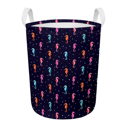 Colorful Seahorse Pattern Print Round Laundry Basket