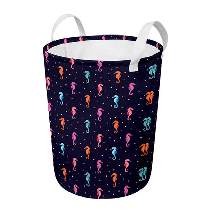 Colorful Seahorse Pattern Print Round Laundry Basket