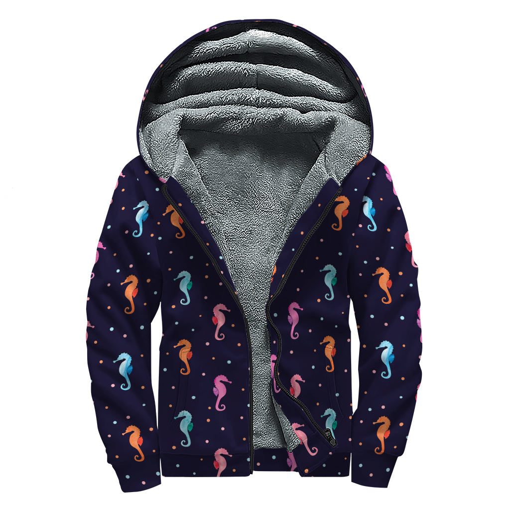 Colorful Seahorse Pattern Print Sherpa Lined Zip Up Hoodie