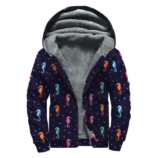 Colorful Seahorse Pattern Print Sherpa Lined Zip Up Hoodie