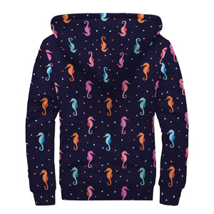 Colorful Seahorse Pattern Print Sherpa Lined Zip Up Hoodie