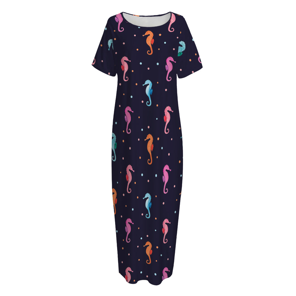 Colorful Seahorse Pattern Print Short Sleeve Long Nightdress