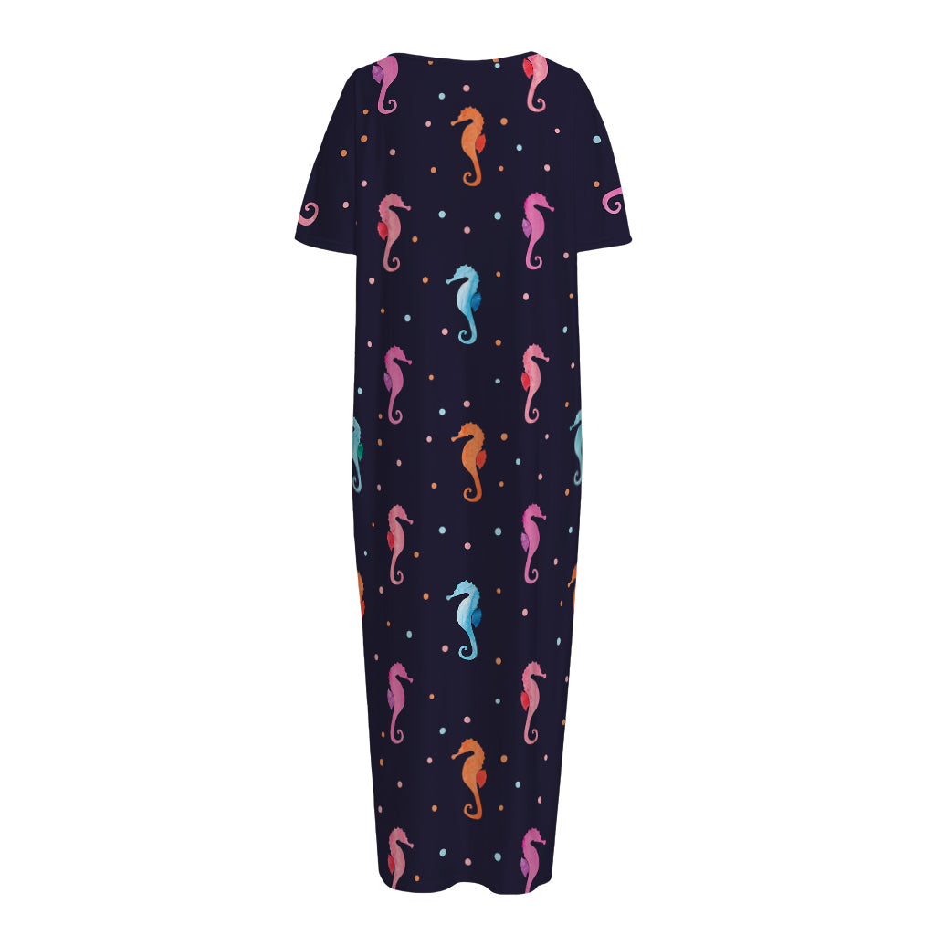 Colorful Seahorse Pattern Print Short Sleeve Long Nightdress