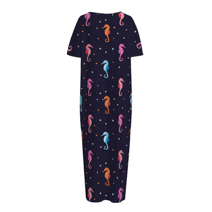 Colorful Seahorse Pattern Print Short Sleeve Long Nightdress