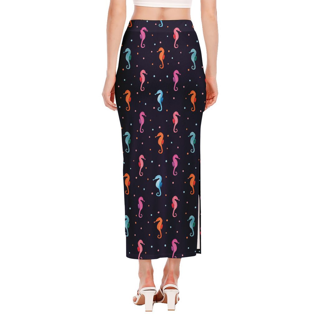 Colorful Seahorse Pattern Print Side Slit Maxi Skirt